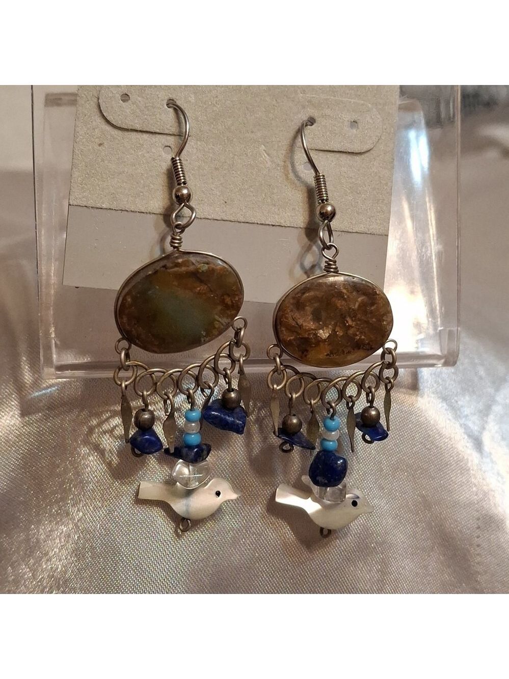 Green Chalcedony stone earrings with Lapis, MOP birds Natural Stond